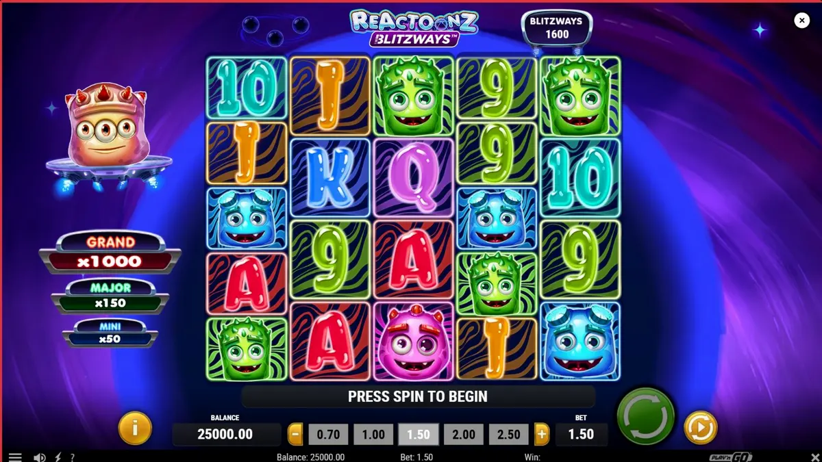 Tampilan visual slot Reactoonz Blitzways dengan karakter alien berwarna-warni