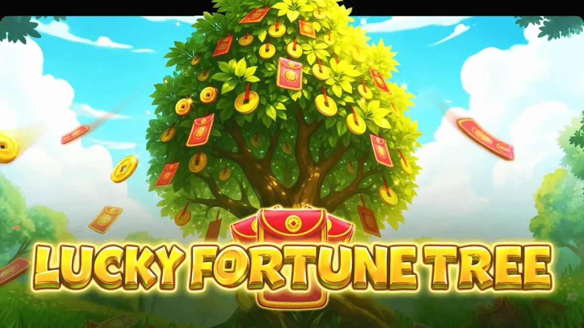 Tampilan visual slot Lucky Fortune Tree dengan latar belakang lembah Asia dan pohon keberuntungan.
